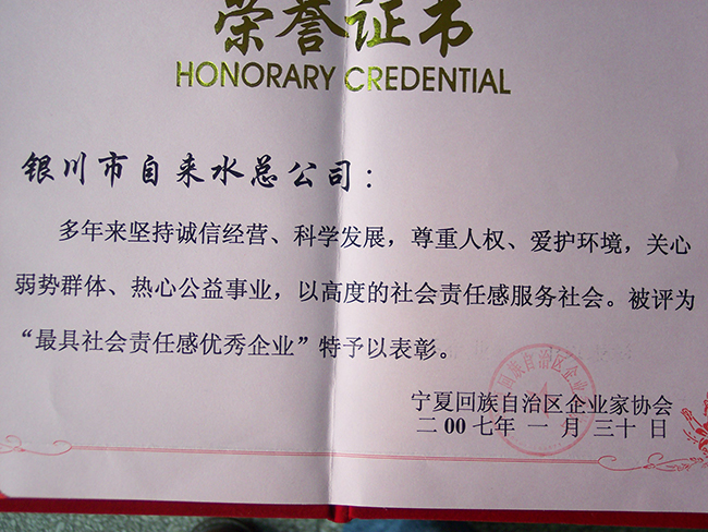 2007年宁夏企业家协会“最具社会责任感优秀企业”
